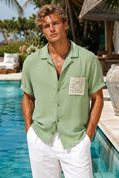 MADZEYMODA Men's Embroidery Pocket Detailed Short Sleeve Green Muslin Shirt L...