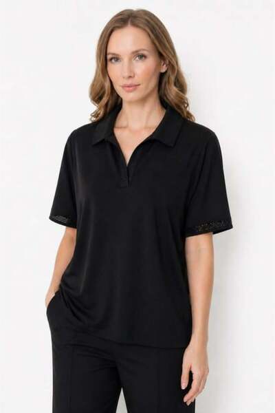 Mutlu Ertan Women's Polo Collar Stone-Embellished Bluz 30496-Black