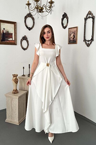 Elbee Fashion Woman Μακρύ φόρεμα με βολάν και λευκή ζώνη