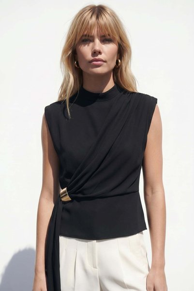 Sateen Belt Detailed Blouse with Accessories - Black