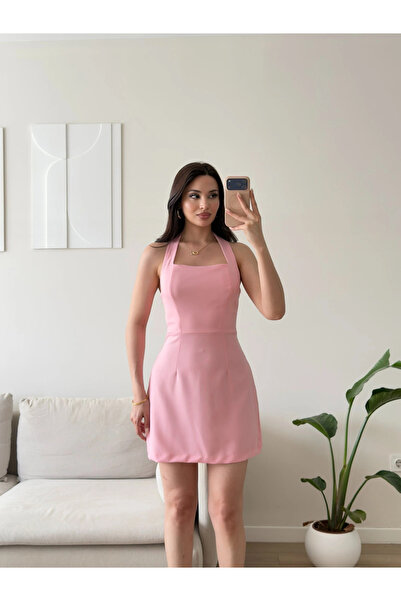 Zoom Butik Boyundan Askılı Kare Mini Elbise - PEMBE