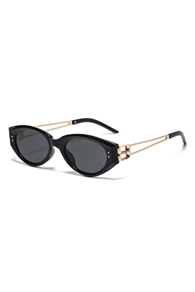 Tessero Ochelari de soare Dama Retro Ovali, Rama Neagra, Brate Metalice Aurii...