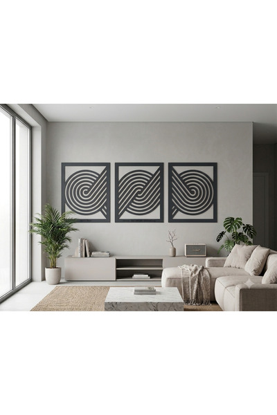 lexi Modern Ahşap Duvar Süsü 3'lü Set Lazer Kesim MDF Tablo - Geometrik Spira...