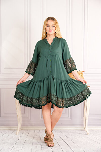 OEM Rochie verde boho chic cu volane si nasturi