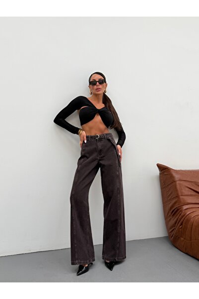 KENE JEANS Παντελόνι τζιν παλάτσο με ζώνη, λεπτομέρειες στο μπροστινό μέρος κ...