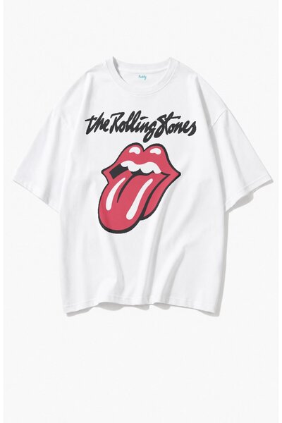 Fuddy Moda Унисекс тениска с принт The Rolling Stones, с кръгло деколте, овър...