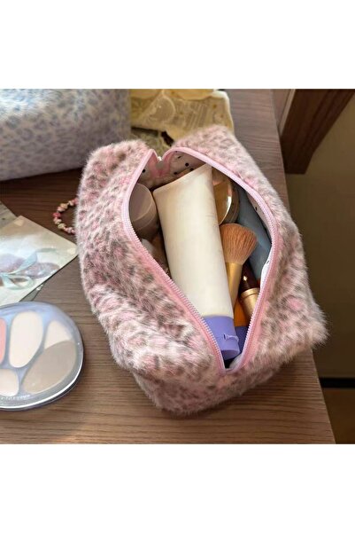 Choice Pink Durable Fuzzy Makeup Bag Large Capacity Leopard Print Toiletry Or...