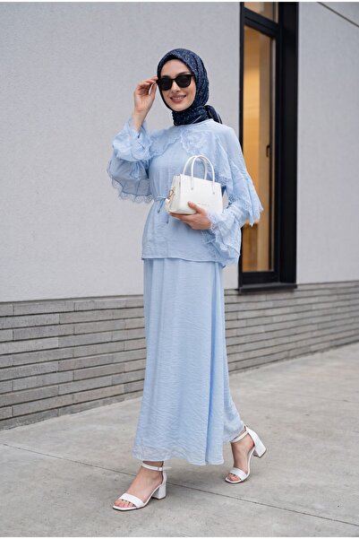 Modamorfo Lace Detailed Spanish Sleeve Lined Belted Tulle Voile Skirt Set - B...