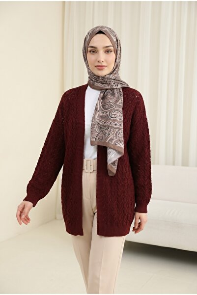 Modamorfo Openwork Patterned Casual Knitwear Cardigan -Burgundy
