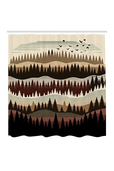 OEM Perdea de duș din material textil cu ilustrație în zig-zag cu pădure de p...
