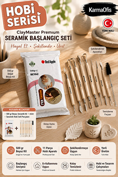 KarmaOfis ClayMaster Premium 500 Gr Beyaz Seramik Kil Seti 11 Parça Şekillend...