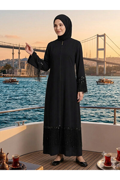 Fzd filizzade فستان بتصميم خاص مع تفاصيل من الترتر والشراشيب على الأكمام والت...