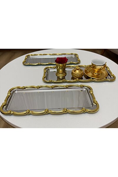 MAHUR HOME صينية تقديم مستطيلة من الفولاذ 3 قطع بإطار ذهبي مقاس 13*33 سم