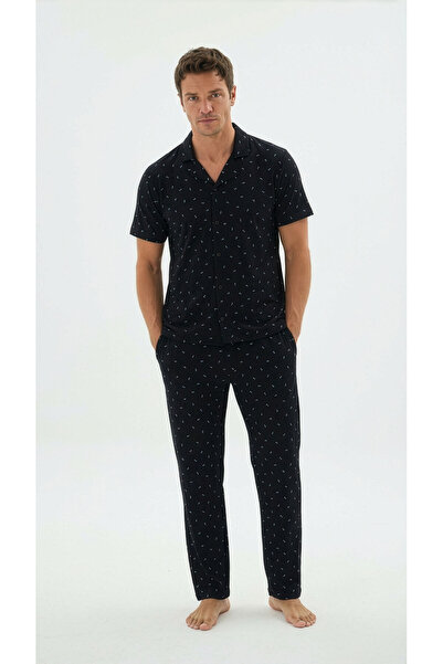 Sevim Men's Short Sleeve Front Buttoned Dark Navy Blue Pajama Set C3T1N79