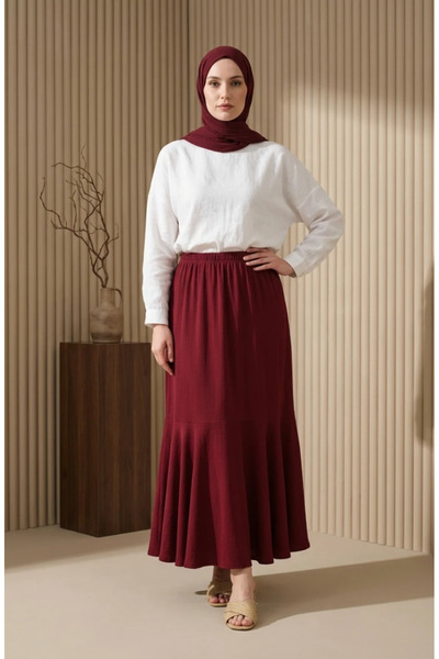 sefamerve Bürümcük Fabric Elastic Waist Gathered Skirt 0561-01 Claret Red