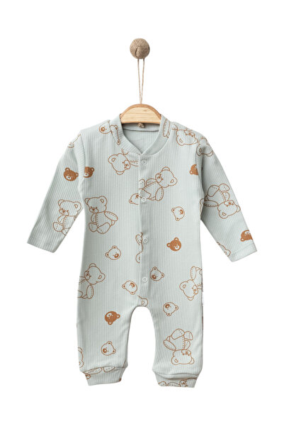 Mou&Kou Teddy Bear Patterned Baby Romper Without Booties, Ribbed Cotton Newbo...