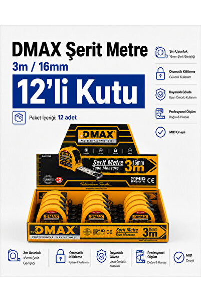 DMAX Şerit Metre 3 m x 16 mm - MID Onaylı - ABS Gövde - 12'li Paket