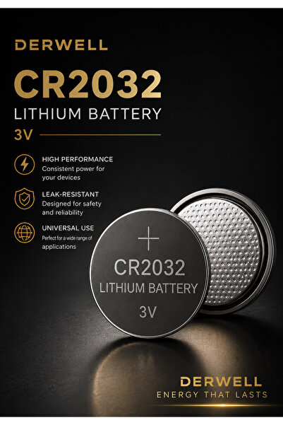 Derwell 1 Adet CR2032 3V Lityum Düğme Pil Sızdırmaz Yüksek Performanslı Kuman...