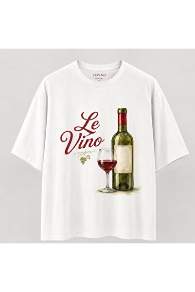 Elvino تي شيرت Le Vino مطبوع عليه نقوش النبيذ من القطن الأبيض للنساء/الرجال ل...