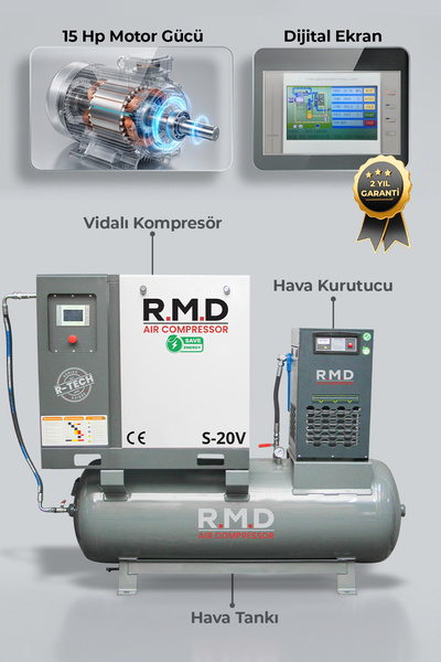 R.M.D Kompresör 20 Hp 500 lt Depo Üstü İnvertörlü Vidalı Hava Kompresör Seti ...