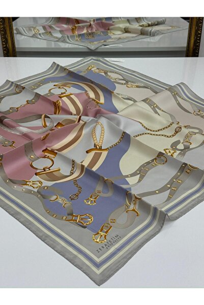Zerafetim Exclusive Twill Silk Scarf Gray, Pink, Light Lilac, Engagement Pattern