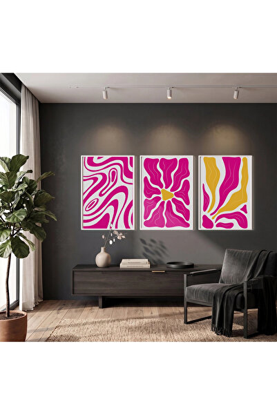 KOLAJTASARIM Set de 3 tablouri cu forme abstracte în galben fucsia viu, înrăm...
