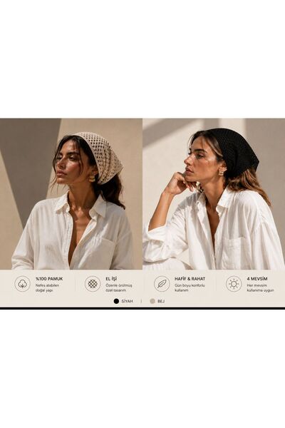 Dier Moda Kadın File Örgü Bandana Yazlık Delikli Triko2^Lİ SİYAH-BEJ Saç Band...