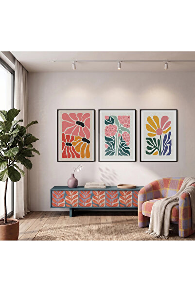 KOLAJTASARIM Set de picturi cu flori pastelate moderne, 3 piese, cu ramă neag...