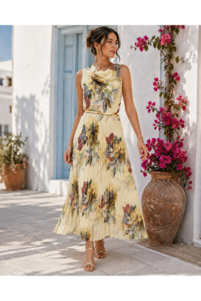 ARİF AKKAYA Mediterranean Inspired Pleated Floral Patterned Dress-Gold Belted