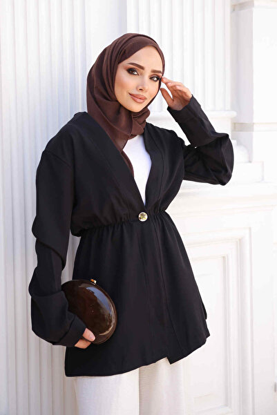 İmajButik Siyah Bel Lastikli Dabıl Ceket