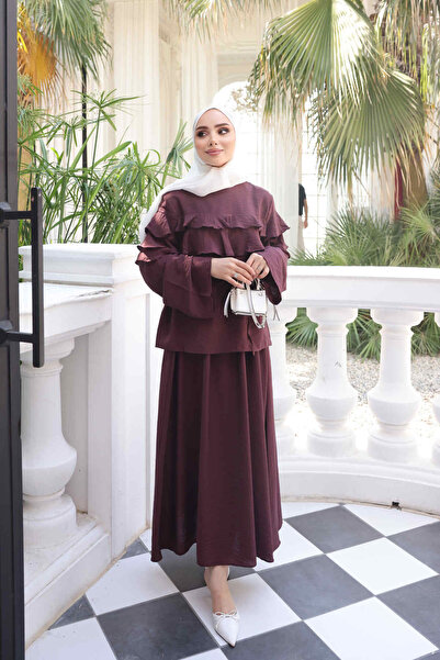 İmajButik Set cămașă vișinie și fustă stratificată