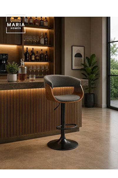 MARIA HOMES Modern Upholstered Bar Stool with Curved Open Back, Wood Accent F...