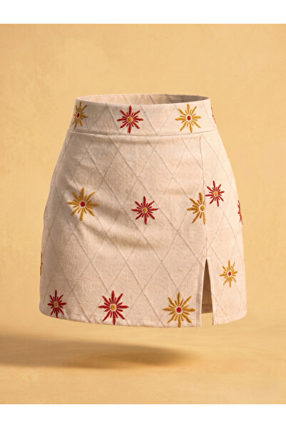 SLAW REZZ Women's Cream Ethnic Embroidered Linen Zipper Mini Shorts Skirt wit...