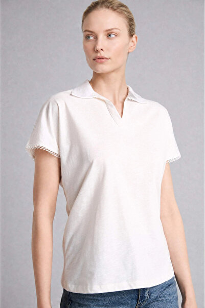 DeFacto H1175Axer105 Ecru Regular Fit Polo Collar Flared Cotton Short Sleeve ...