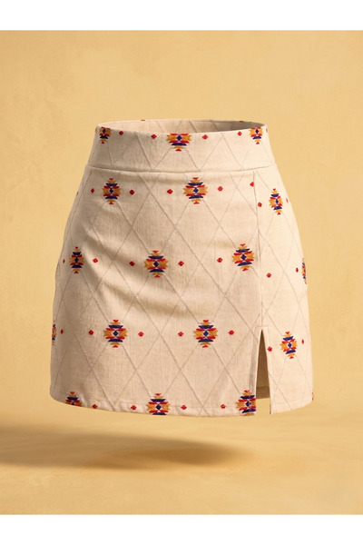 SLAW REZZ Women's Cream Ethnic Embroidered Linen Zipper Mini Shorts Skirt wit...