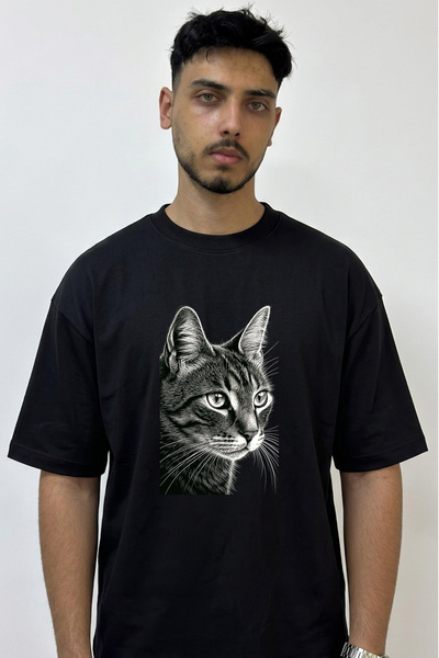 Anetos Tabby Cat Art Design Printed Oversize Black T-Shirt