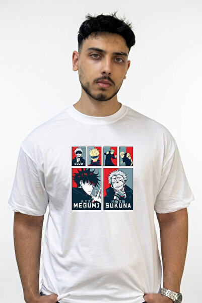 Anetos Gojo Megumi Sukuna Design Printed Oversize White T-Shirt