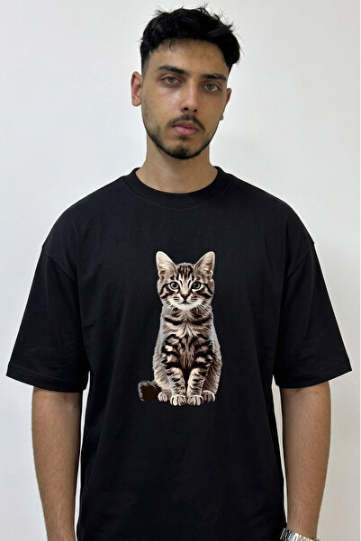 Anetos Tabby Kitten Design Printed Oversize Black T-Shirt