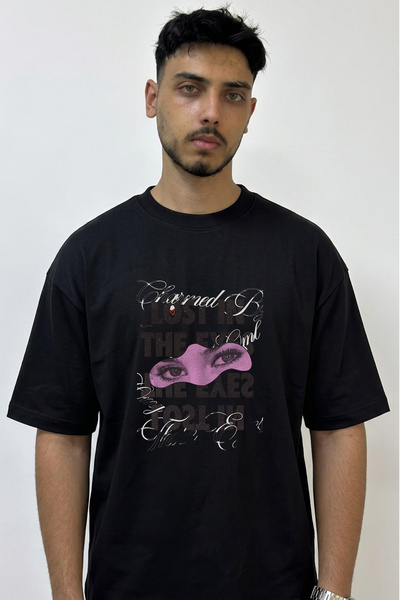 Anetos Purple Eyes Design Printed Oversize Black T-Shirt