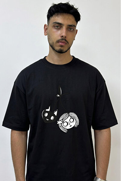 Anetos Gothic Cat Girl Design Printed Oversize Black T-Shirt