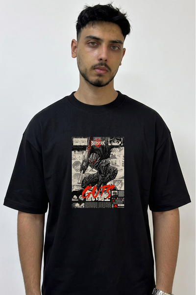 Anetos Berserk Guts_6 Design Printed Oversize Black T-Shirt