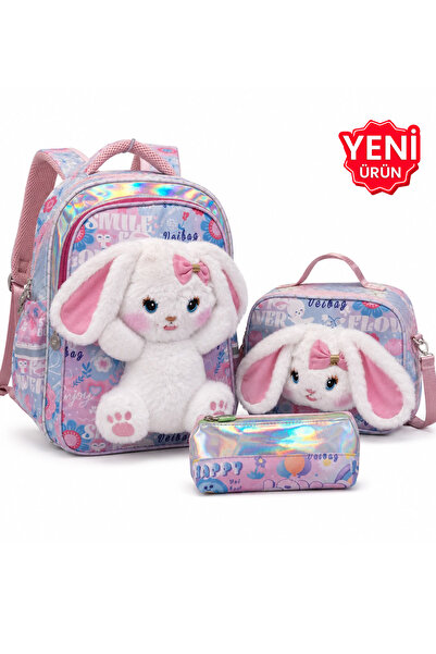 ÇANTAM GELSİN Kız Çocuk İlkokul Çantası 3’lü Set Peluş Detaylı Sırt Çantası B...