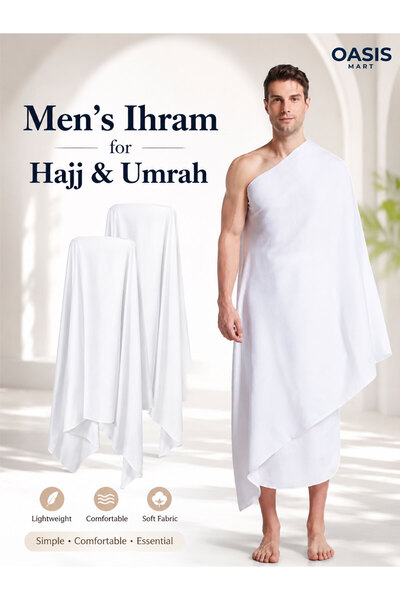 OASIS MART Premium 100% Cotton Ihram for Men – 2-Piece White Hajj & Umrah Tow...