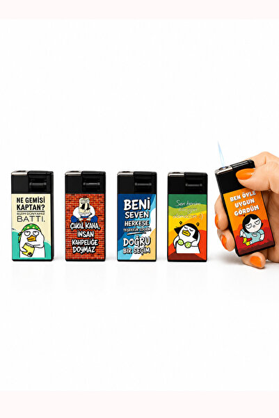 ONRSTORE Komik Söz Baskılı Pürmüz Alevli Gazlı Çakmak Seti 5'li Renkli Koleks...