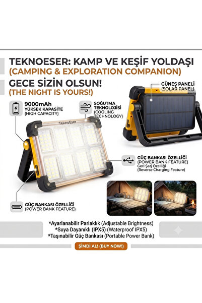 TeknoEser COB LED Solar Şarjlı Güneş Enerjili Kamp Projektörü USB Powerbank Ö...