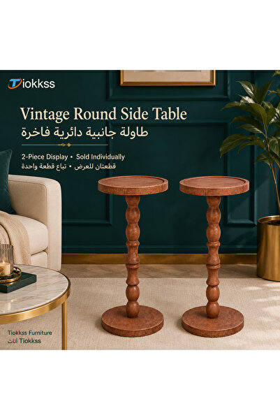 Tiokkss Vintage Wooden Round Side Table | 24cm Tray Top Accent Table | Luxury...