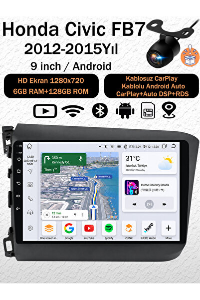 coni Honda Civic FB7 2012-2015 Uyumlu Android Navigasyon Multimedya Tesla Ekr...