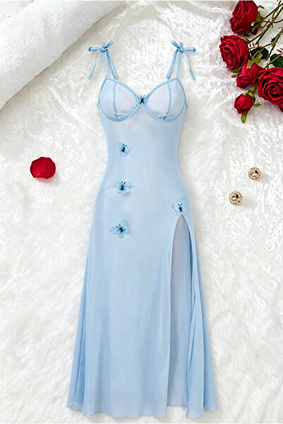 Generic Sky Blue Butterfly Mesh Nightgown For Women, Sexy Cut Out High Slit M...