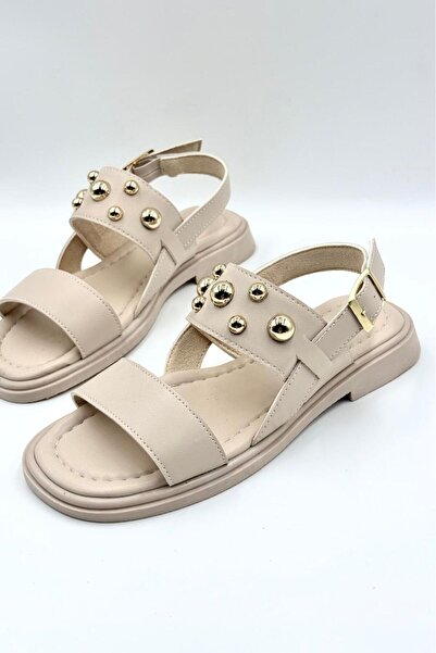 DefHeel'e Gold Accessory Detailed Daily Comfortable Women's Sandals Beige