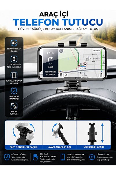 kawigo 360° Dönebilen Araç İçi Telefon Tutucu Ayarlanabilir Klipsli Dashboard Telefon Standı Telefon Tutucu
